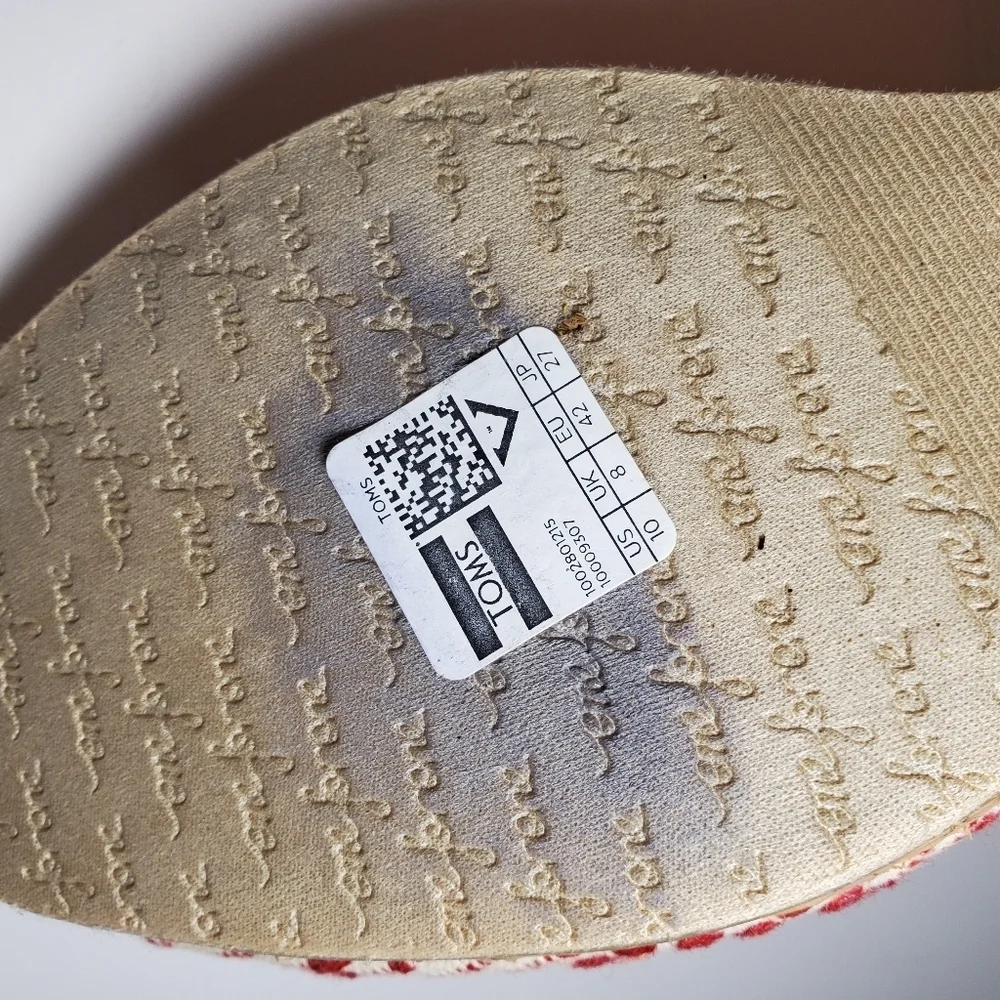 TOMS Scarlett Red Cream Cheron Woven Peep Toe Cork Wedge Size 10 EUC